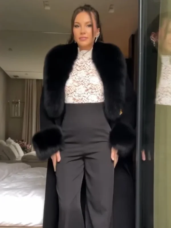 Faux Fur Patchwork Woolen Coat Women Elegant Solid V-neck Lace Up Loose Overcoat Lady Autumn Winter Daily Highstreet Outerwears